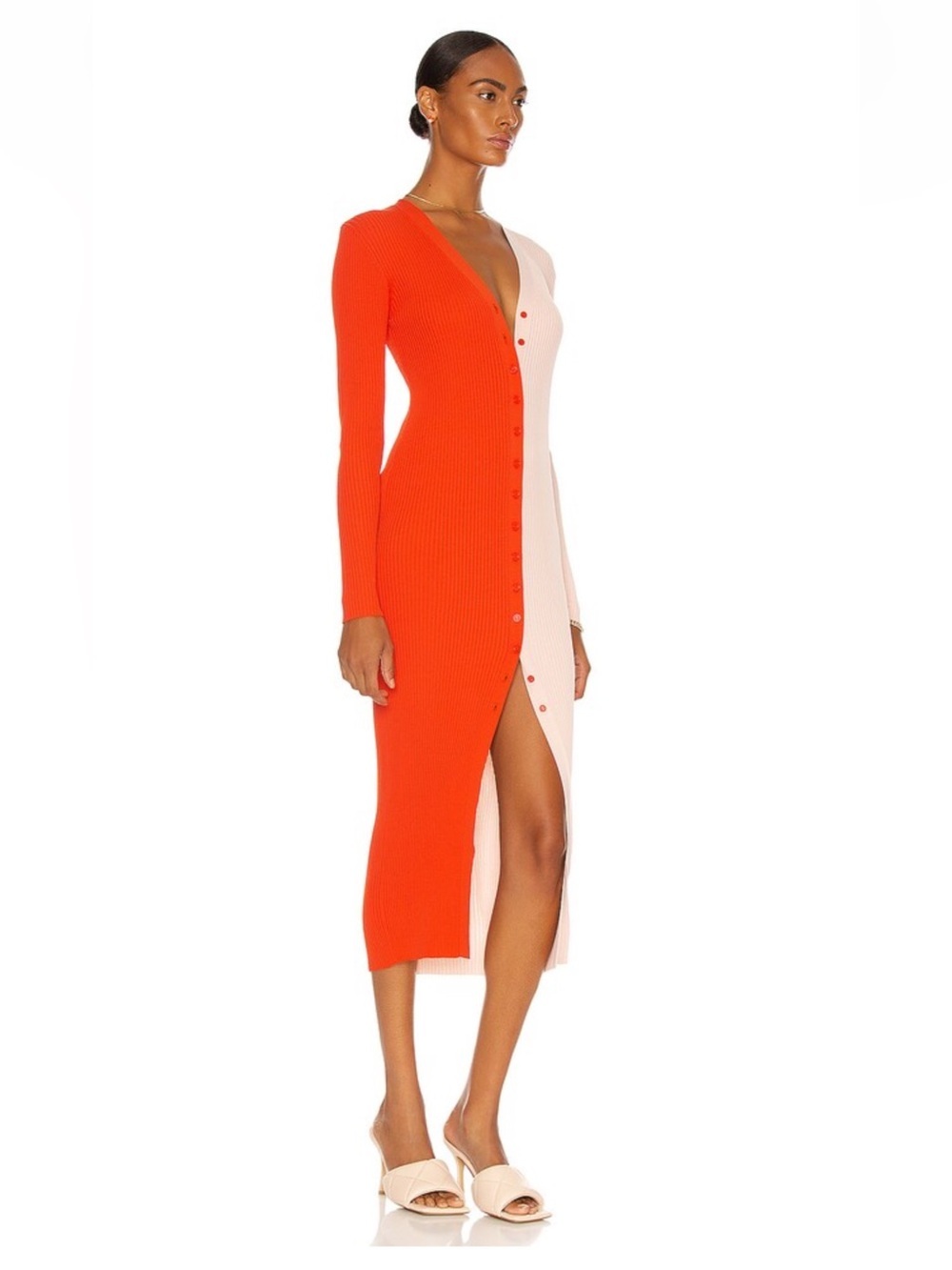 STAUD Shoko Colorblock Rib Knit Maxi Dress Coral Orange Pink Button Front Size M - Picture 2 of 11